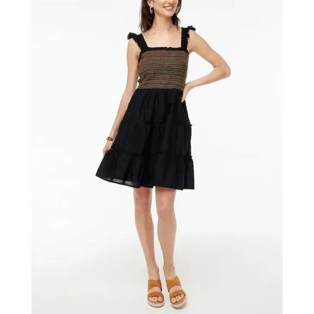 J Crew NWT Black smocked sundress with ruffle straps, lined cotton- stretchy top